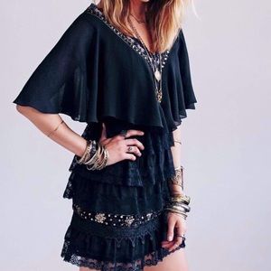 NWT FP Black Tiered Lace Caplet Dress 6